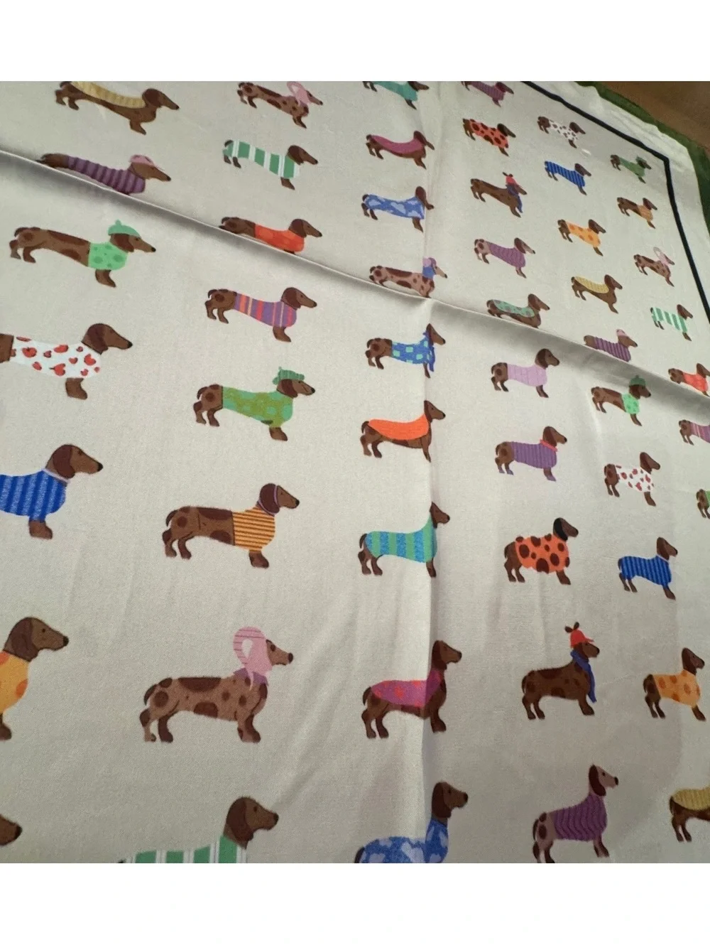 Square Scarf with Colorful Dachshund Dog Print and Green Border 309